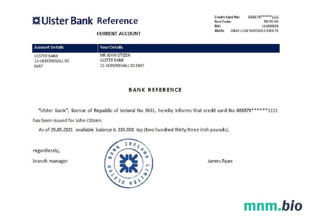 Przykład odniesienia do Irish Ulster Bank w formatach Word i PDF